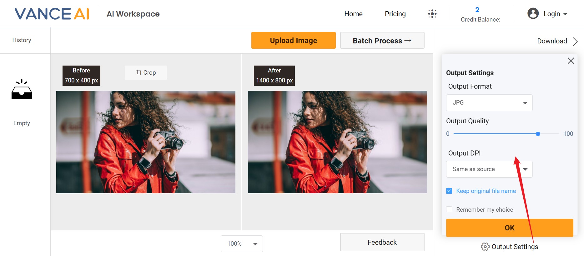 ai magic upscaler-output settings